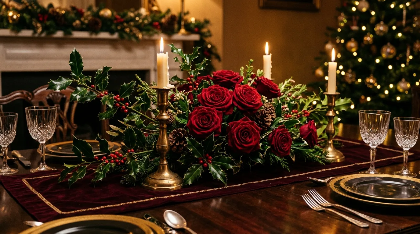 Keep symmetry only if the table architecture benefits from it inspiration for a holiday dining table centerpiece.
